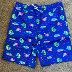 Lands' End Kids Blue Swim Trunks with Shark Print